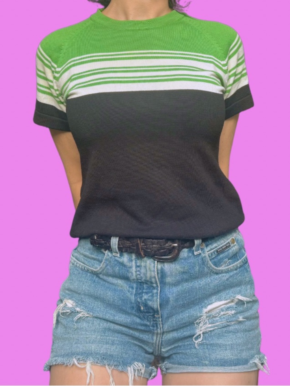 Vintage GANTOS Green White and Black Striped Short Sleeve Tee